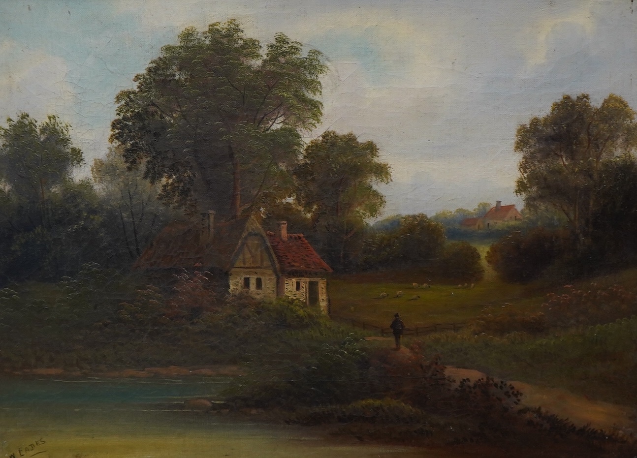 W. Eades, (Late 19th century), oil on canvas, Pastoral landscape with figure before a cottage, signed, 36 x 49cm, ornate gilt frame. Condition - fair